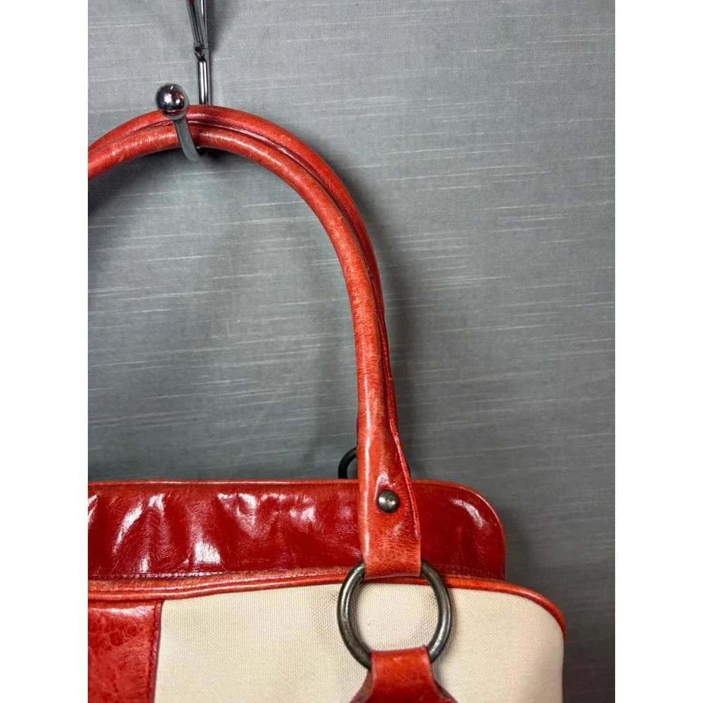77. Vintage Nordstrom East‎ West Canvas Burnt Orange Leather Satchel Tote Bag